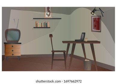 interior room. table chair. laptop, tv.