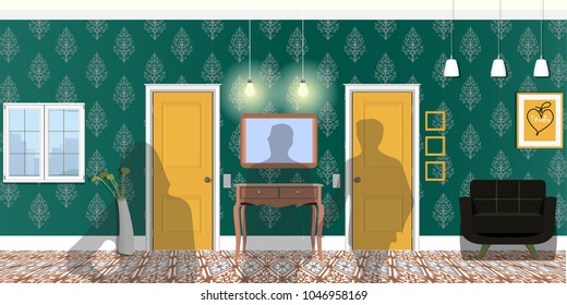 Interior of the room with a table, window, stool and an entrance door. Illustration of the room.