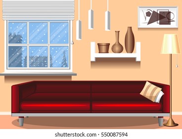 Interior room. template for design. abstract objects - vases, painting, floor lamp, window, sofa, chandelier. Vector illustratio