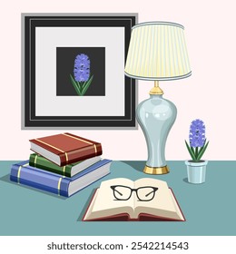 The interior of the room, there is a table lamp on the table, a hyacinth flower,a stack of books, an open book with glasses, a framed picture hangs on the wall.Vector illustration of a home interior.