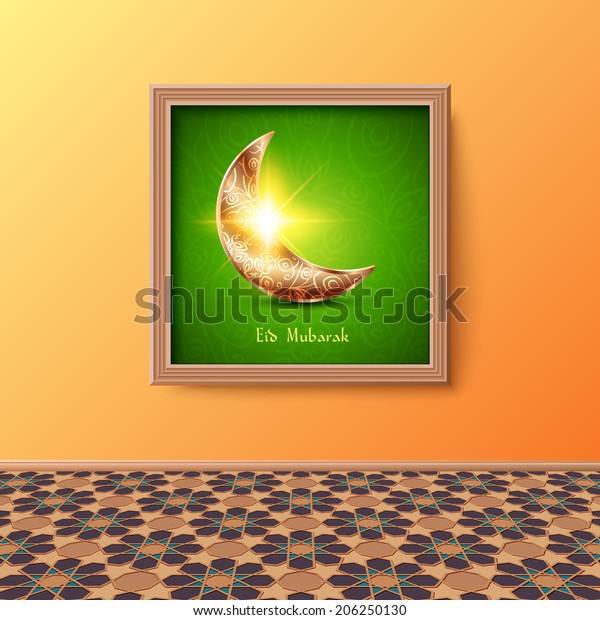 Interior\
Room with Tiled Floor and Picture with Moon for Muslim Community\
Festival Eid Mubarak on the Wall. Vector\
Design