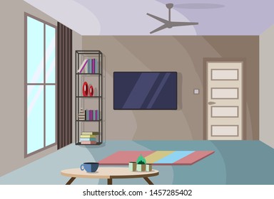 The interior of the room with a TV, shelves and a large panoramic window. Vector illustration.