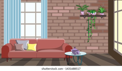 Interior of the room with two window, sofa, table  and decor accessories. Flat style vector illustration