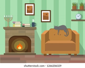 
Interior room in vector with cat, seat and fireplace. Background