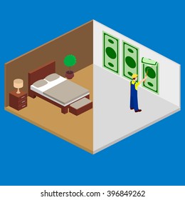 Interior room, wallpapering, building, construction vector isometric 