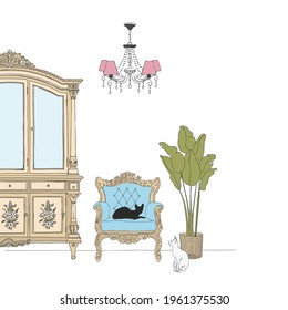 Interior of a room with a wardrobe, an armchair and a houseplant.Hand-drawn vector illustration.