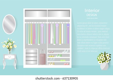The interior of the room. Wardrobe with clothes and a mirror. Vector illustration . A banner with the design of the wardrobe