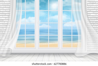 Interior of a room with a white brick wall and a window with view on the sea beach. Vector detailed travel and travel illustration.