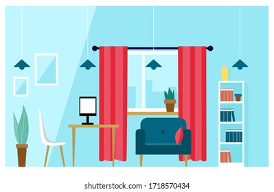 Interior of a room with a window. window, chair, Desk, computer, shelving.