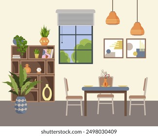 Interior of a room with a window. Table and chairs, dishes, cabinet for interior items. Decorative plants and books, vase and flowers. Pictures on the wall. Vector illustration