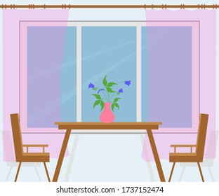 interior of a room with a window, a table,two armchairs,a vase and curtains