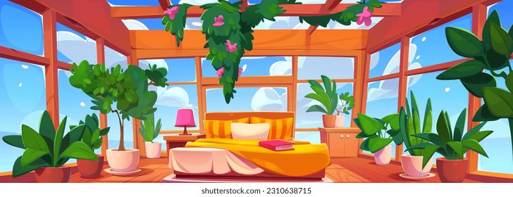 Interior of room with windows in hotel, beach house or villa. Bedroom with bed, plants, wooden floor, glass walls and ceiling with view on blue sky, vector cartoon illustration