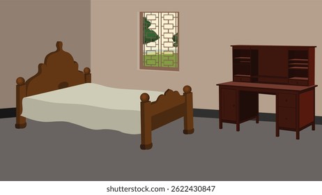 interior of a room with a wooden bed, a study table, and a window.Indian village house interior vector illustration