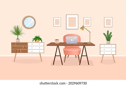 Interior of a room for working from home with furniture and houseplants. Office with computer, workplace, cabinet. Vector flat style illustration. Remote work, freelance, education and business.