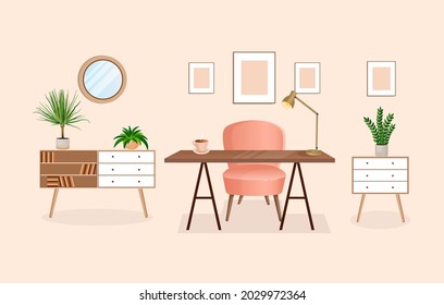 Interior of a room for working from home with furniture and houseplants. Office with computer, workplace, cabinet. Vector flat style illustration. Remote work, freelance, education and business.