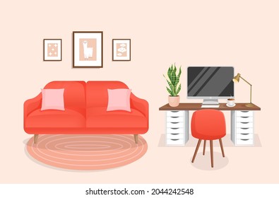 Interior of a room for working from home with furniture and houseplants. Office with computer, workplace, cabinet. Vector flat style illustration. Remote work, freelance, education and business.