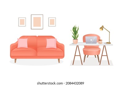 Interior of a room for working from home with furniture and houseplants. Office with computer, workplace, cabinet. Vector flat style illustration. Remote work, freelance, education and business