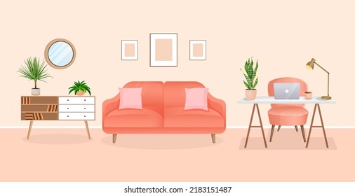 Interior of a room for working from home with furniture and houseplants. Office with computer, workplace, cabinet. Vector flat style illustration. Remote work, freelance, education and business.