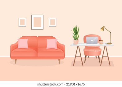 Interior of a room for working from home with furniture and houseplants. Office with computer, workplace, cabinet. Vector flat style illustration. Remote work, freelance, education and business.