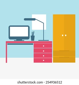 interior, room, workplace, chair, table, wardrobe, computer