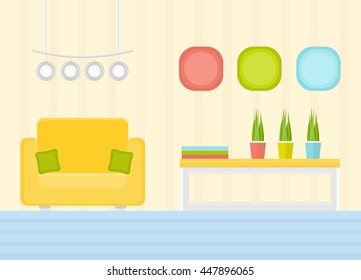 interior of room with yellow sofa,table, plants, lamps, paintings, striped wallpaper, vector illustration in flat style