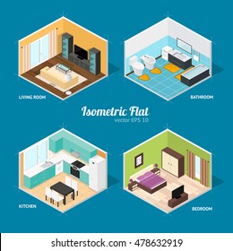 Interior Rooms Of The House. Livingroom, Bathroom, Bedroom And Kitchen. Isometric View. Vector Illustration