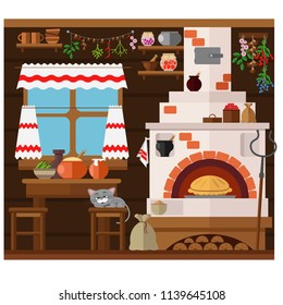 Interior of russian village house with Russian stove. Traditional farm house kitchen. Happy cat dozing on a chair.