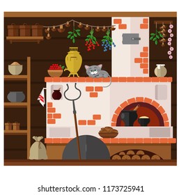 Interior of russian village house with Russian stove. Traditional farm house kitchen. Happy cat dozing on a chair.