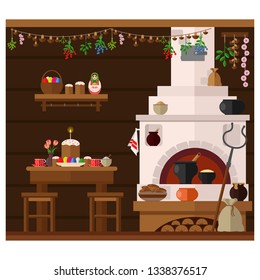 The interior of a Russian village house with a Russian stove, prepared for the celebration of Easter. Traditional cuisine of the farmhouse.
