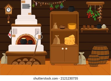 Interior of russian village house with Russian stove. Traditional farm house kitchen.