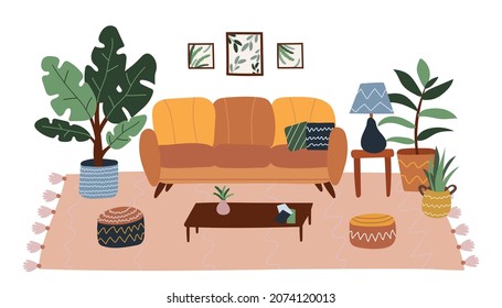 Interior in scandinavian hygge style. Comfy sofa and home decorations set. Cozy living room or apartments with plant,carpet, home elements. Flat vector illustration