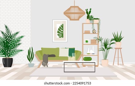 Interior with scandinavian sofa and urban jungle