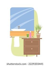 Interior in Scandinavian style. Minimalist bathroom design with hanging square mirror, towel rack, washbasin and wooden cabinet. Cartoon flat vector illustration isolated on white background