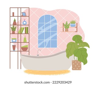 Interior de estilo escandinavo. Cuarto de baño minimalista con una gran bañera, estanterías de madera con estantes, plantas verdes y productos de belleza. Dibujo vectorial plano de dibujos animados aislado en fondo blanco