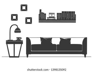 Interior in Scandinavian style. Part of the livingroom. Hand drawn vector illustration of a sketch style.