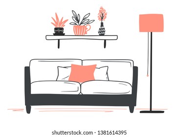 Interior in Scandinavian style. Part of the room. Hand drawn vector illustration of a sketch style.