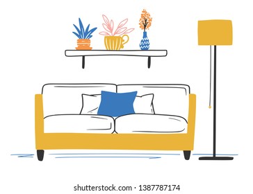 Interior in Scandinavian style. Part of the room. Hand drawn vector illustration of a sketch style.