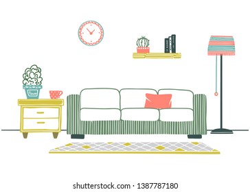 Interior in Scandinavian style. Part of the room. Hand drawn vector illustration of a sketch style.