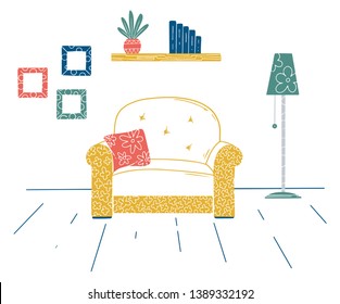 Interior in Scandinavian style. Part of the room. Hand drawn vector illustration of a sketch style.