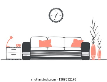 Interior in Scandinavian style. Part of the room. Hand drawn vector illustration of a sketch style.