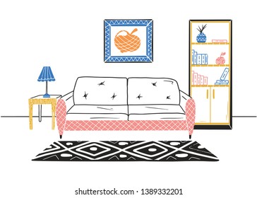 Interior in Scandinavian style. Part of the room. Hand drawn vector illustration of a sketch style.