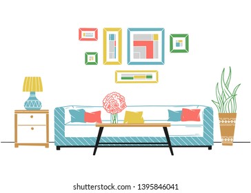 Interior in Scandinavian style. Part of the room. Hand drawn vector illustration of a sketch style.