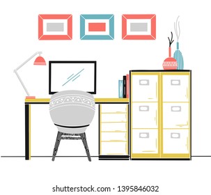 Interior in Scandinavian style. Workplace with a computer. Sketch of the interior. Vector illustration.