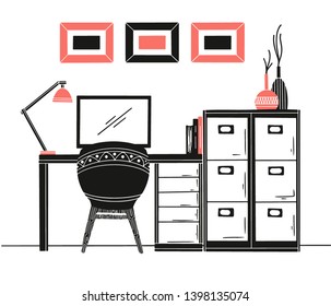 Interior in Scandinavian style. Workplace with a computer. Sketch of the interior. Vector illustration.