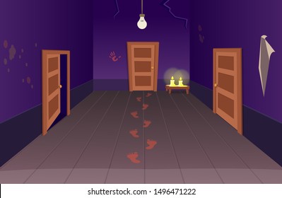 Interior of scary house with doors bloody footprints and candles. Halloween сartoon vector illustration of corridor.