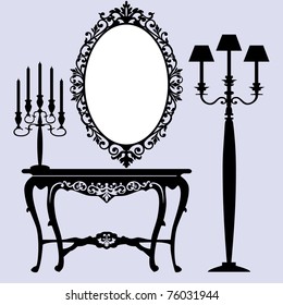 Interior scene with antique furniture, old mirror, candelabra and console.