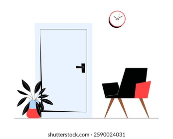 Interior Scene With Chair, Door, And Plant Decor In Flat Vector Illustration Symbolizing Home Design, Comfort, And Modern Living, Isolated On White Background