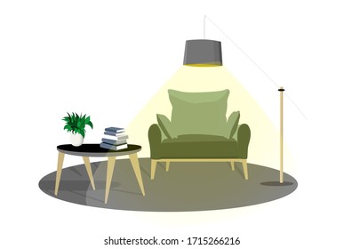 INTERIOR SCENE. CHAIR AND TORCHER. BOOKS ARE LAYING ON THE MAGAZINE TABLE. COZY ATMOSPHERE. VECTOR ILLUSTRATION OF THE HOUSE.