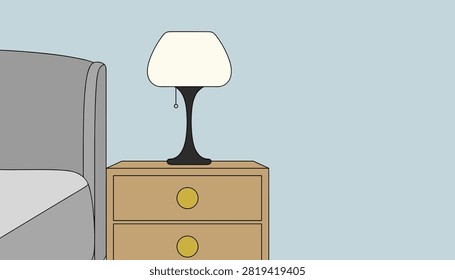 Interior scene illustration showing a simple wooden nightstand with two drawers and a modern black lamp beside the edge of a bed.