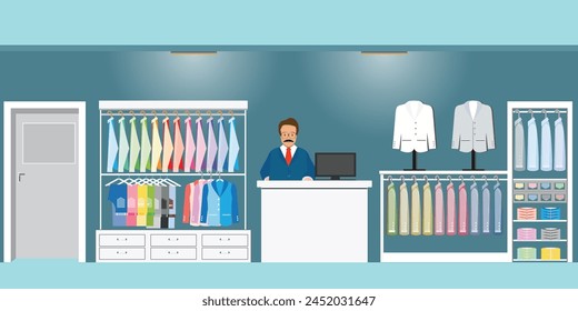 Interior scene of men clothing store, Boutique interior of men's clothes fashion, tailor shop, interior building vector illustration.